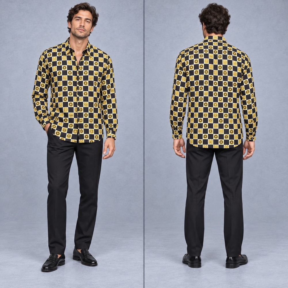 Versace Classic V2 Mens S Silk Shirt Black Gold Checkerboard Barocco 90s Vintage